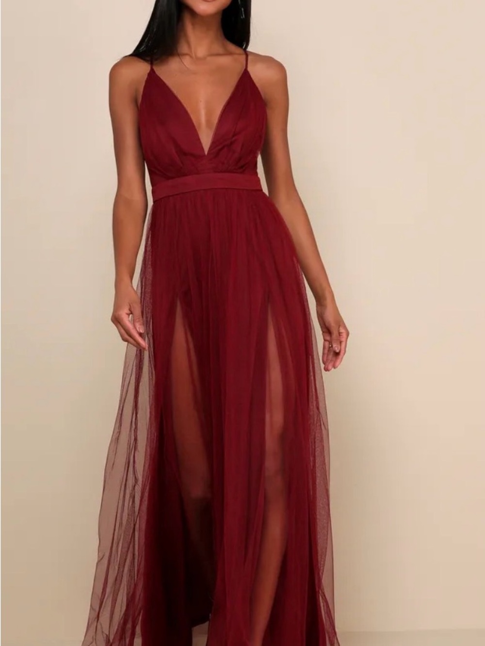 Lulu's Burgundy Mesh Maxi Dress